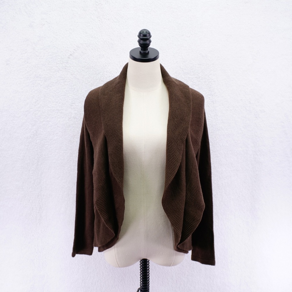 Cable & Gauge -Medium- Brown Open Cardigan Sweater Cowl Knit Ribbed Acrylic